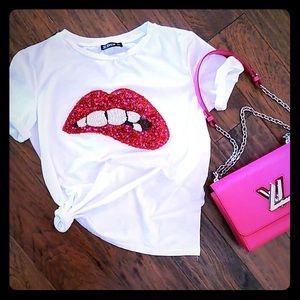 Sequin biting lips t shirt